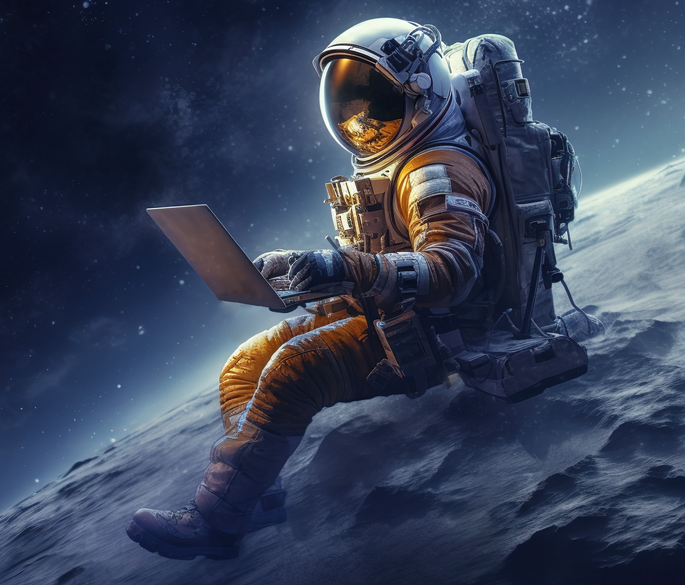 Astronaut mit Laptop – Three Connect Digital Services